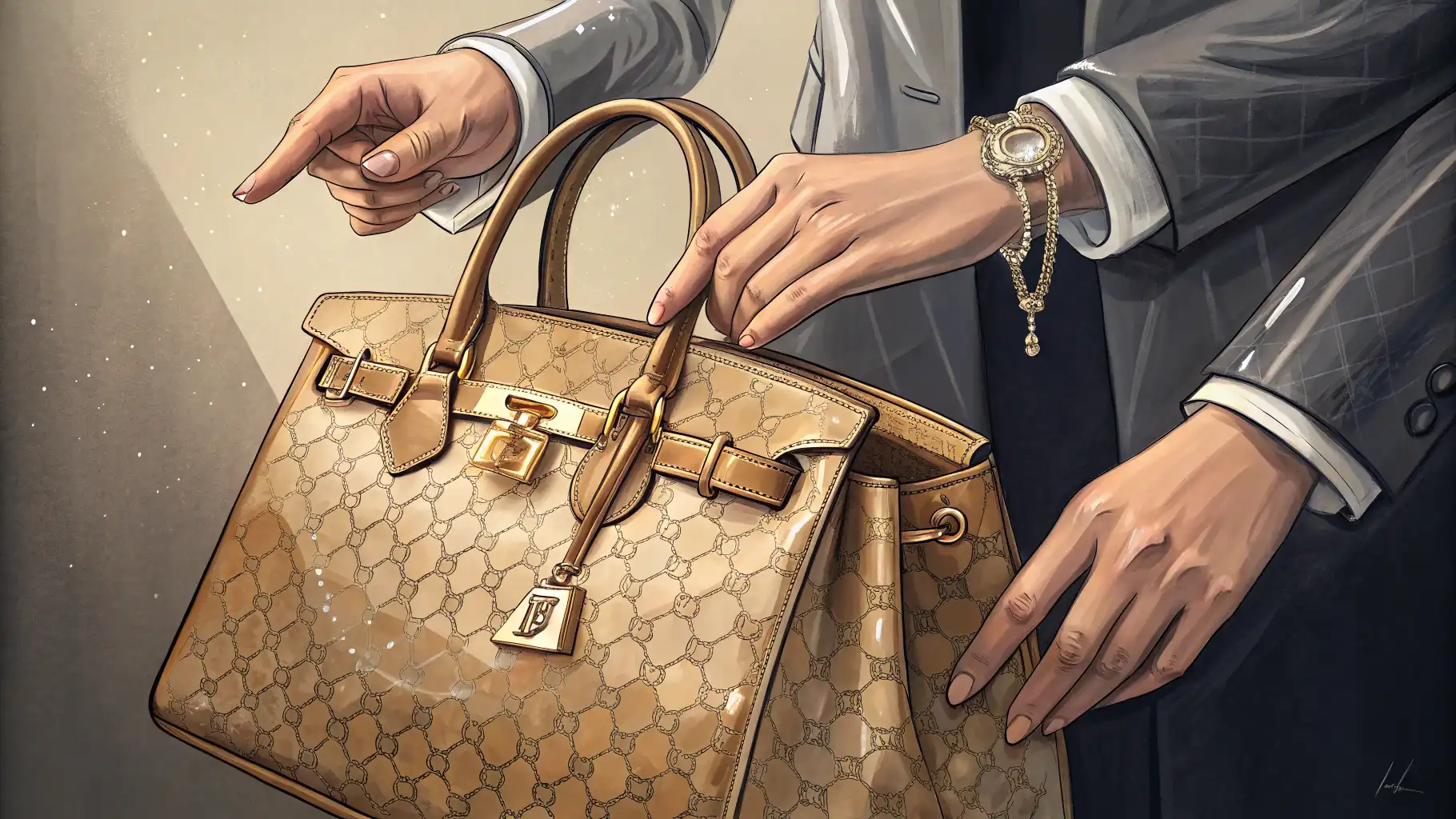 중고 명품점에서 판매원이 고객에게 제품 상태를 자세히 설명하며 영어로 대화하는 모습.