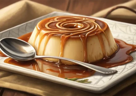 맛있는 캐러멜 푸딩 이미지와 함께 영어 표현 학습을 상징하는 아이콘들