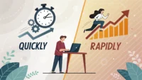 'Quickly'와 'Rapidly' 단어와 함께 속도감을 나타내는 화살표와 영어 학습 관련 아이콘이 그려진 일러스트, 영어 속도 표현 차이 설명 썸네일 이미지.