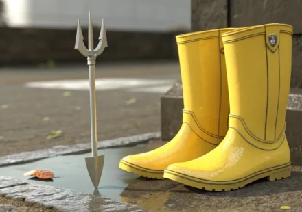 노란색 장화 한 켤레와 영어 표현 학습을 상징하는 말풍선 아이콘.