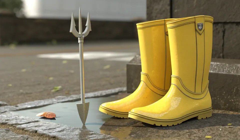 노란색 장화 한 켤레와 영어 표현 학습을 상징하는 말풍선 아이콘.