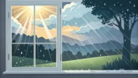 창밖으로 비가 그쳐가며 해가 비치는 모습과 함께 "Has the rain stopped?" 영어 질문이 보이는 썸네일 이미지