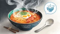 라면 영어 표현 배우기: 김이 나는 라면 그릇 옆에 영어 아이콘과 물음표 말풍선이 있는 이미지.