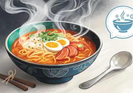 라면 영어 표현 배우기: 김이 나는 라면 그릇 옆에 영어 아이콘과 물음표 말풍선이 있는 이미지.