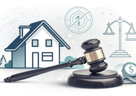 부동산 경매와 영어 공부를 상징하는 집, 경매 망치, 영국 국기 말풍선 아이콘 일러스트
