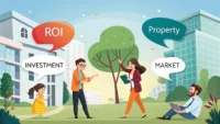 영어 부동산 투자 관련 용어(ROI, Property Value 등)가 담긴 말풍선과 집 아이콘, 돋보기가 있는 밝고 매력적인 일러스트레이션.