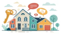 집 모양 아이콘, 열쇠 그림과 함께 'Real Estate', 'Property', 'Rent' 등 부동산 관련 영어 표현이 적힌 말풍선이 있는 썸네일 이미지.