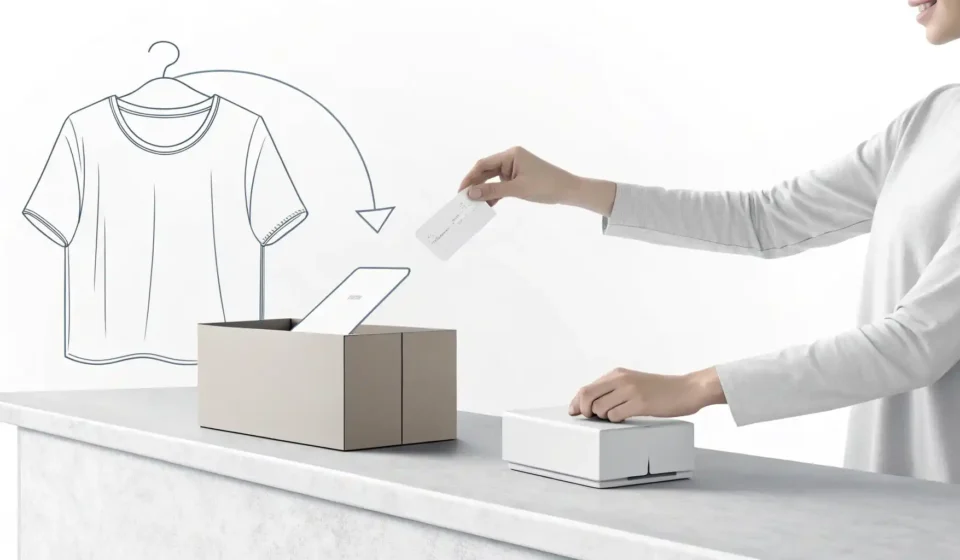 매장에서 상품을 반품하고 환불받는 과정을 상징적으로 표현한 이미지, 영어 환불 표현 학습 컨셉