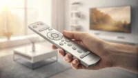 리모컨을 들고 있는 손과 TV, 에어컨 배경 이미지, 리모컨 관련 영어 표현 배우기 컨셉