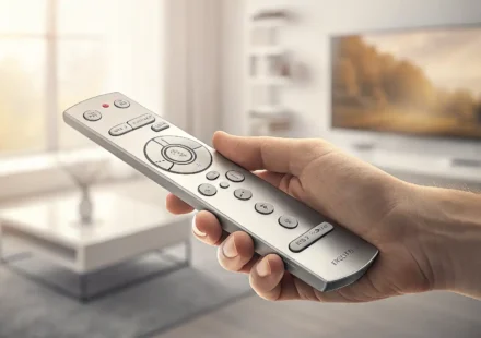 리모컨을 들고 있는 손과 TV, 에어컨 배경 이미지, 리모컨 관련 영어 표현 배우기 컨셉