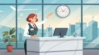 호텔 프론트 데스크에서 체크아웃 시간 연장을 요청하는 상황을 나타내는 이미지: 시계, 룸 키, 요청하는 손짓.
