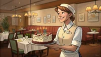레스토랑 직원이 작은 생일 케이크를 건네며 미소 짓는 모습, 레스토랑 생일 이벤트 관련 영어 표현 학습을 상징하는 이미지.