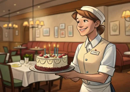 레스토랑 직원이 작은 생일 케이크를 건네며 미소 짓는 모습, 레스토랑 생일 이벤트 관련 영어 표현 학습을 상징하는 이미지.
