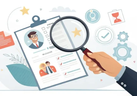 돋보기로 이력서를 검토하고 피드백을 상징하는 아이콘이 있는 말풍선 이미지 - 영어 이력서 조언