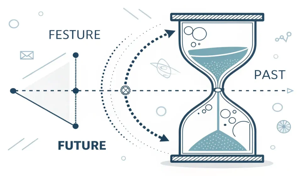 현재 시점을 강조하는 스포트라이트와 넓은 현재 범위를 나타내는 빛으로 'Right now'와 'At present'의 미묘한 시간 차이를 시각적으로 표현한 타임라인 일러스트레이션.