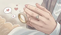 손가락에 헐거운 반지를 끼고 'Ring resizing?', 'English expressions' 라는 영어 질문 말풍선이 있는 이미지 - 반지 사이즈 조절 영어 표현 학습 콘텐...