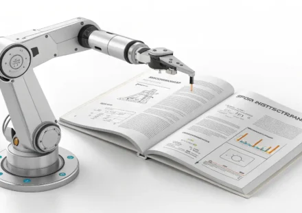 로봇 공학 실습에서 사용되는 영어 표현 안내를 상징하는 로봇 팔과 설명서 이미지