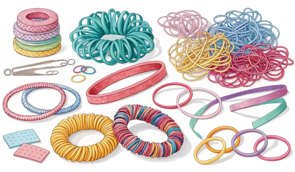 사무용 고무줄, 머리끈, 운동용 밴드 등 다양한 종류의 고무줄과 영어 학습을 상징하는 말풍선 아이콘 이미지