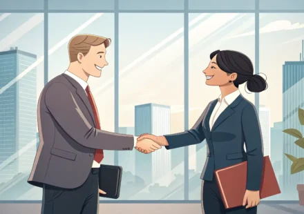 판매 상황에서 영어로 소통하는 법을 배우는 것을 상징하는 비즈니스 악수와 국기 아이콘 이미지.