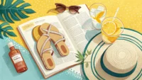 여름 샌들과 펼쳐진 영어 사전이 함께 놓여 영어 학습을 상징하는 이미지