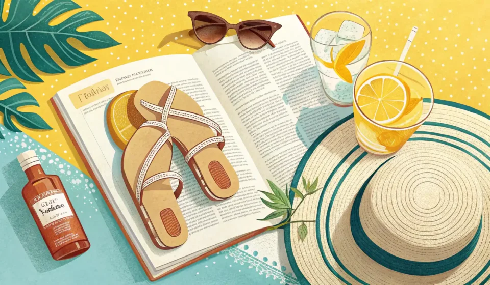 여름 샌들과 펼쳐진 영어 사전이 함께 놓여 영어 학습을 상징하는 이미지