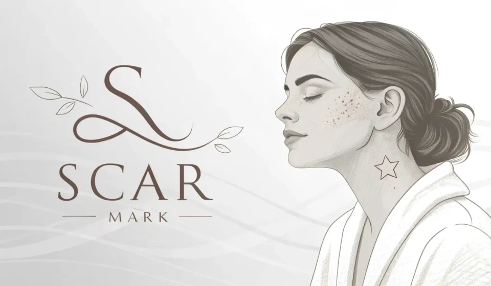 흉터 자국과 영어 표현 학습을 상징하는 말풍선 그래픽