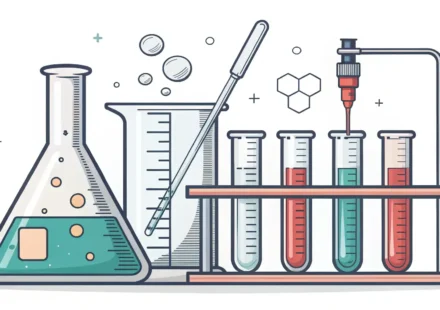 과학 실험실 비커, 피펫, 시험관 등 실험 도구와 학습을 상징하는 전구 아이콘이 있는 이미지, 실험 준비 영어 표현 학습용.