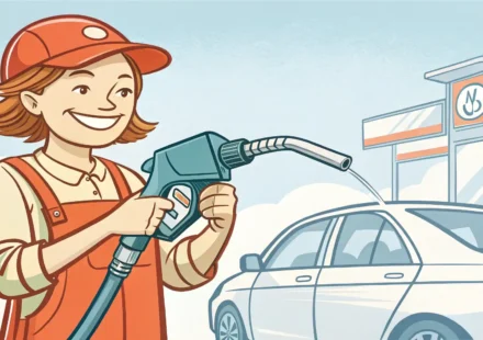 셀프 주유소에서 영어 표현을 사용하여 자신있게 주유하는 방법을 배우는 모습 일러스트