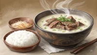 뽀얀 설렁탕 한 그릇과 영어 표현 학습을 상징하는 영어 사전 또는 단어장이 함께 있는 이미지