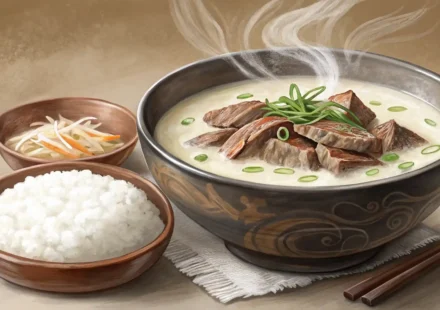 뽀얀 설렁탕 한 그릇과 영어 표현 학습을 상징하는 영어 사전 또는 단어장이 함께 있는 이미지