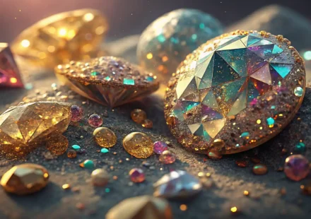 다양한 색상의 반짝이는 스팽글(시퀸) 클로즈업과 영어 단어 학습을 상징하는 돋보기 아이콘.