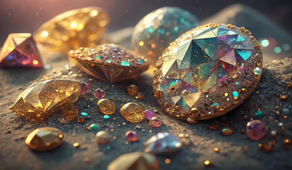 다양한 색상의 반짝이는 스팽글(시퀸) 클로즈업과 영어 단어 학습을 상징하는 돋보기 아이콘.