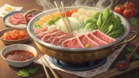 맛있는 샤브샤브 냄비 옆에 영어 단어 카드와 연필이 놓여 영어 표현 학습을 상징하는 이미지