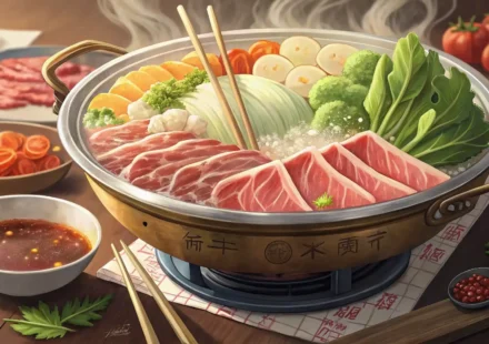 맛있는 샤브샤브 냄비 옆에 영어 단어 카드와 연필이 놓여 영어 표현 학습을 상징하는 이미지