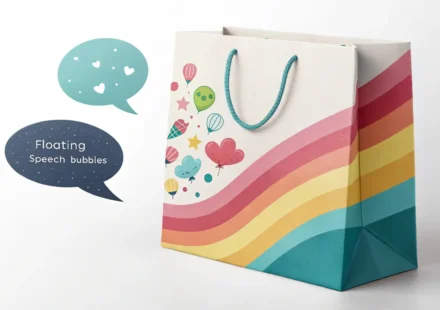 쇼핑백과 가격표, 물음표, 사이즈 태그 아이콘이 담긴 말풍선 이미지 - 쇼핑 상황에서 사용하는 영어 표현 학습을 나타냄