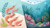 작은 새우(Shrimp)와 큰 새우(Prawn)를 비교하며 영어 표현 학습을 상징하는 이미지