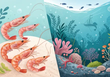 작은 새우(Shrimp)와 큰 새우(Prawn)를 비교하며 영어 표현 학습을 상징하는 이미지