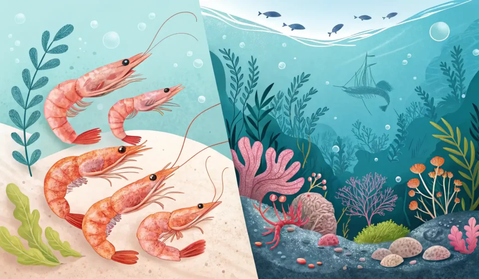 작은 새우(Shrimp)와 큰 새우(Prawn)를 비교하며 영어 표현 학습을 상징하는 이미지
