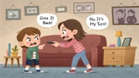 텔레비전 리모컨을 두고 다투는 남매와 "My turn!", "No way!" 같은 영어 표현이 적힌 말풍선이 있는 그림.