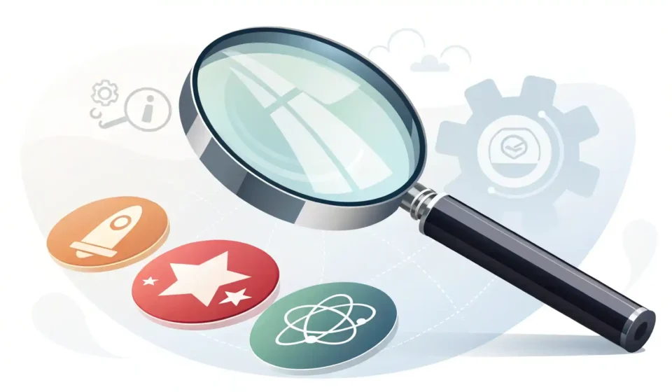 돋보기로 비슷하지만 약간 다른 두 아이콘을 비교하며 영어 유사성 표현 'Similarly'와 'Likewise'의 미묘한 차이를 시각적으로 나타내는 이미지.