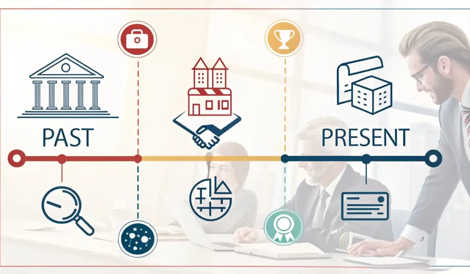 과거의 한 시점에서 현재와 미래 방향으로 나뉘어 뻗어 나가는 두 개의 화살표가 있는 타임라인 그래픽, 시간 표현의 차이를 시각적으로 나타냄.