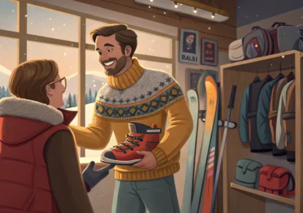 스키 장비 렌탈샵에서 영어로 손님을 응대하는 직원 일러스트