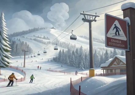 스키장 눈 덮인 슬로프 배경에 폭설, 강풍, 안개를 나타내는 아이콘이 있는 날씨 경고 표지판 이미지, 영어 표현 질문을 상징하는 물음표 말풍선 포함.