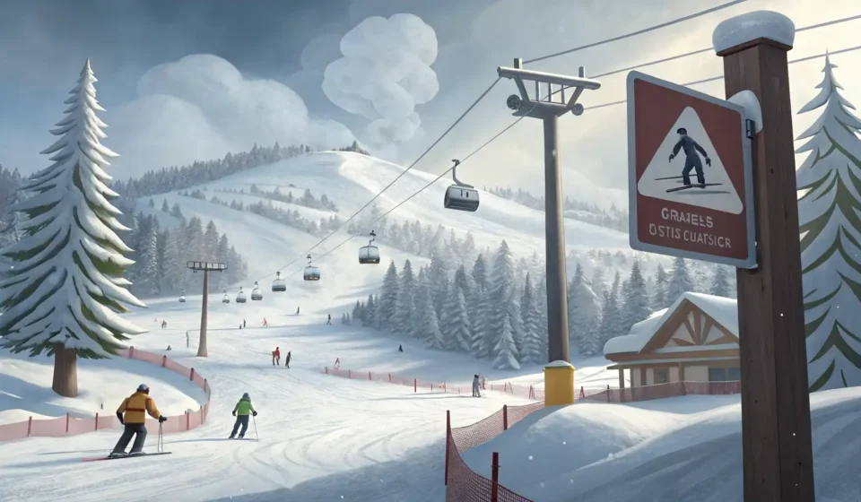 스키장 눈 덮인 슬로프 배경에 폭설, 강풍, 안개를 나타내는 아이콘이 있는 날씨 경고 표지판 이미지, 영어 표현 질문을 상징하는 물음표 말풍선 포함.