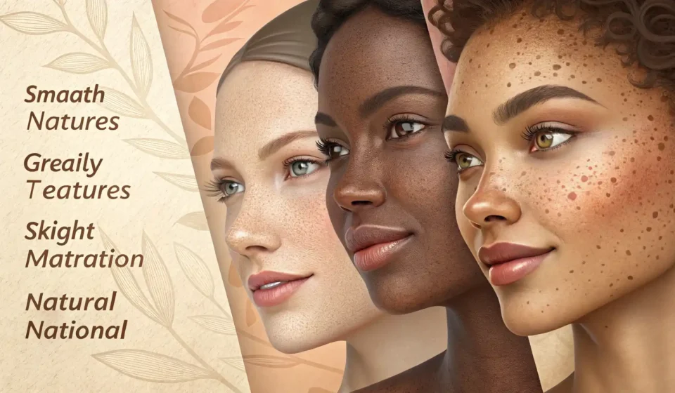 피부 관련 영어 표현 학습을 상징하는 다양한 피부 질감과 영어 공부 아이콘 이미지