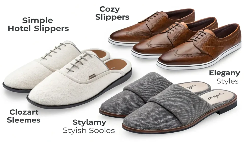 다양한 종류의 슬리퍼와 영어 단어 학습을 나타내는 물음표 아이콘 이미지