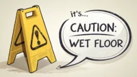 젖은 바닥 주의 표지판과 'It's slippery!' 영어 표현 말풍선 일러스트, 미끄러움 관련 영어 배우기.