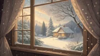창밖으로 눈 내리는 풍경과 함께 'It's snowing heavily', 'A light flurry' 등 눈 관련 영어 표현이 적힌 말풍선이 떠 있는 교육 컨셉의 이미지.