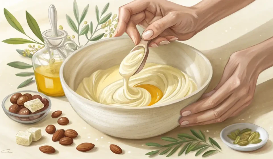 천연 오일과 보습 성분을 섞어 수제 비누를 만드는 손 클로즈업, 비누 공방 영어 표현 학습 컨셉
