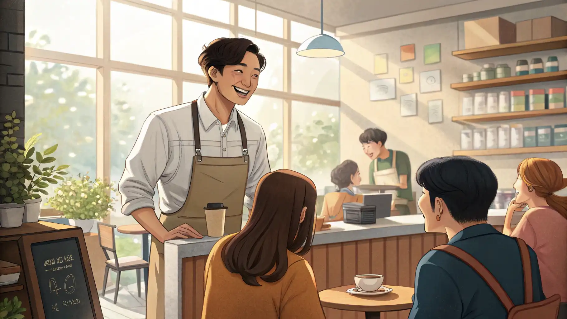 비누 공방 직원이 외국인 고객에게 웃으며 영어로 응대하는 모습, 비누 종류와 재료에 대해 설명하는 장면
